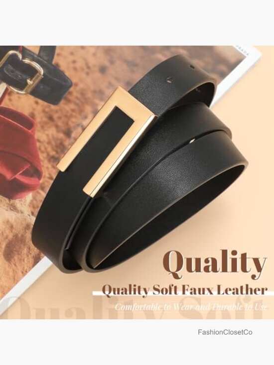 2 Pack Skinny Faux Leather Belts for Women Thin Waist Belt with Gold Buckle for